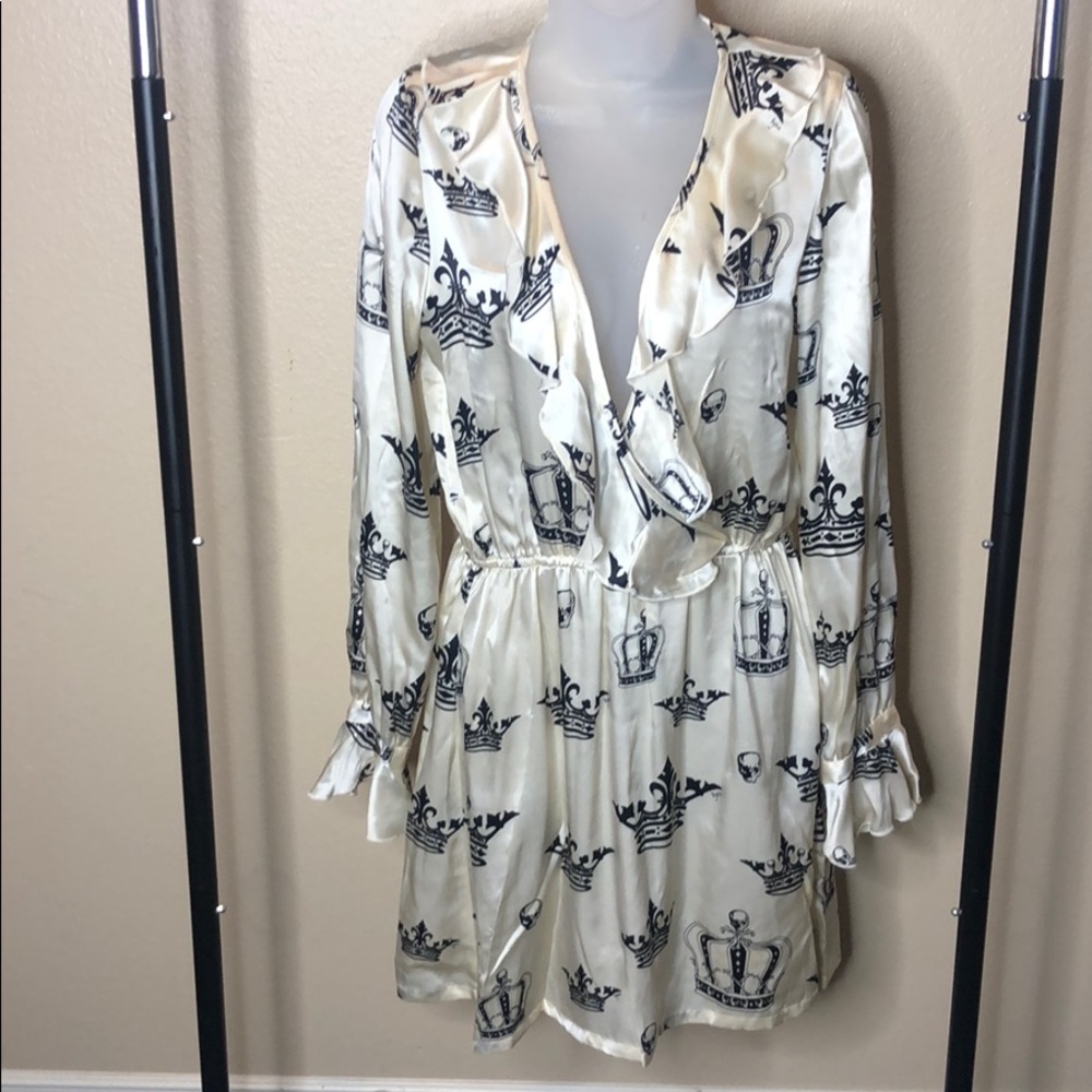 Silk cream dress w crowns and skulls.